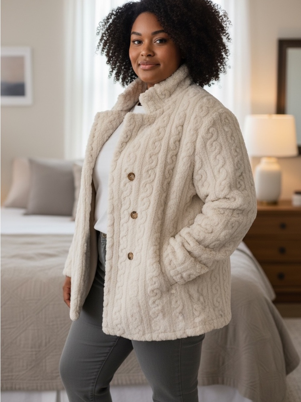 SHEIN Cream Cable Sherpa Button Jacket